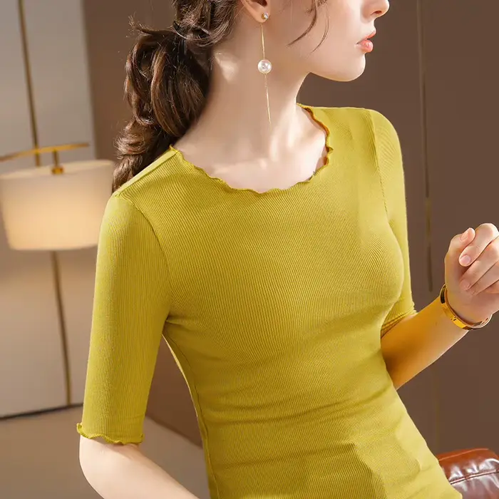 T-shirt côtelé à manches mi-longues pour femme – Haut basique ajusté