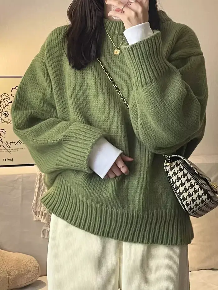 Pull vert à col rond pour femme, optique rétro japonaise, style paresseux, intérieur astronomique, h