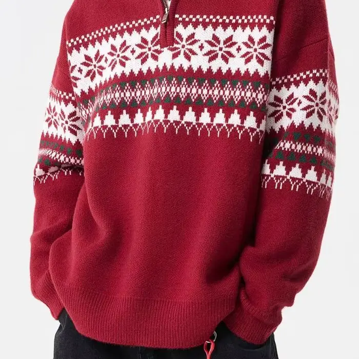 Manteau tricoté ample à col roulé, motif rouge de noël, automne et hiver