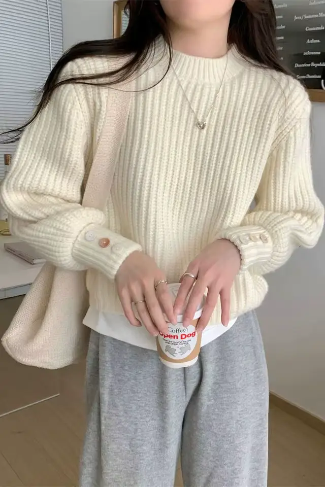 Veste pull à manches lanternes pour femme, nouveau Style, ample, petite Base épaisse, haut tricoté, 