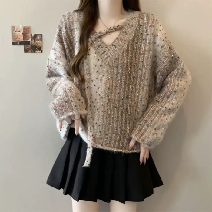 Pull court violet à col en v pour femme, haut tricoté, automne et hiver, printemps