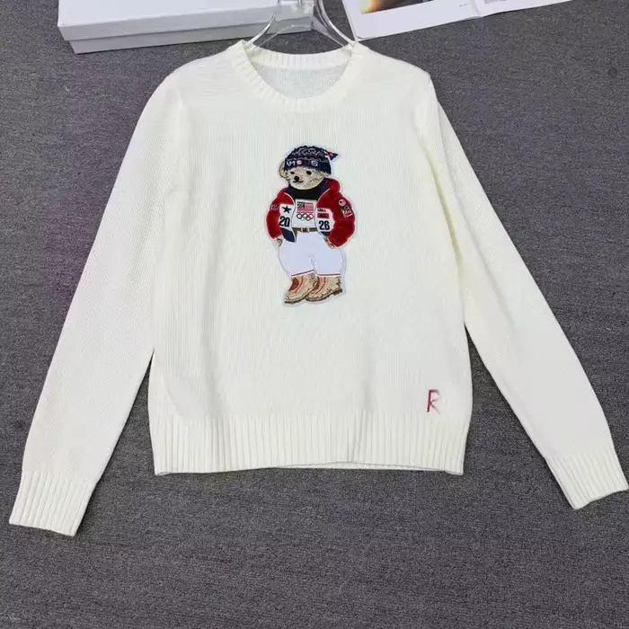 Pull en laine mélangée brodé motif ours de dessin animé de haute qualité à manches longues – Idéal p