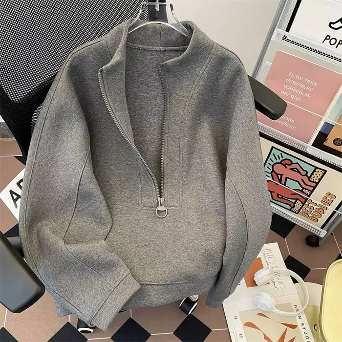 Sweat-shirt à col montant pour hommes, demi-fermeture éclair, Silhouette, hauts amples, rétro améric