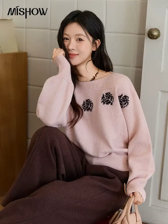 MISHOW rose Jacquard pull pour femmes automne hiver 2025 lanterne manches hauts épaule goutte épaissi tricoté