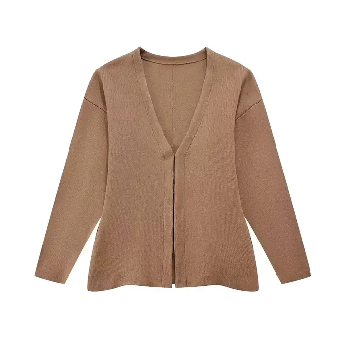 Pull Cardigan en tricot ajusté à crochet sur le devant pour femmes, col en V, manches longues, ourle