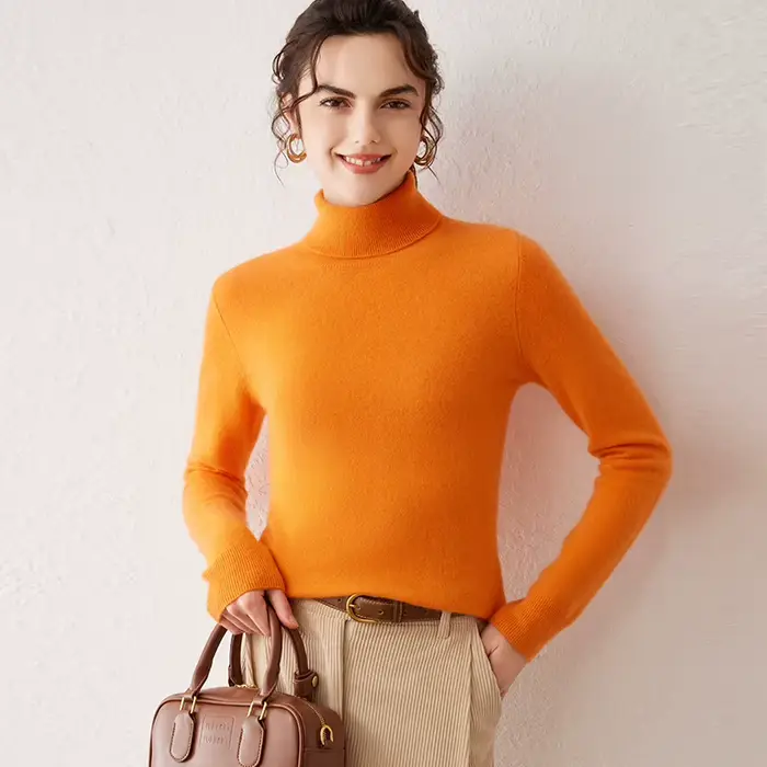 Pull en cachemire 100% pour femme, col roulé, tricoté, à manches longues, couleur unie