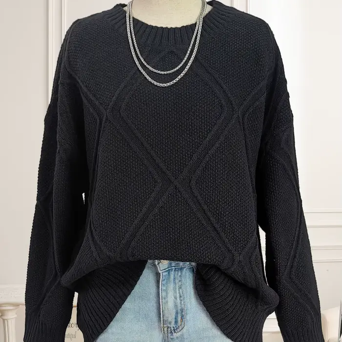 Pull Jacquard à motifs de diamants pour femmes, ample et paresseux, décontracté, en Stock