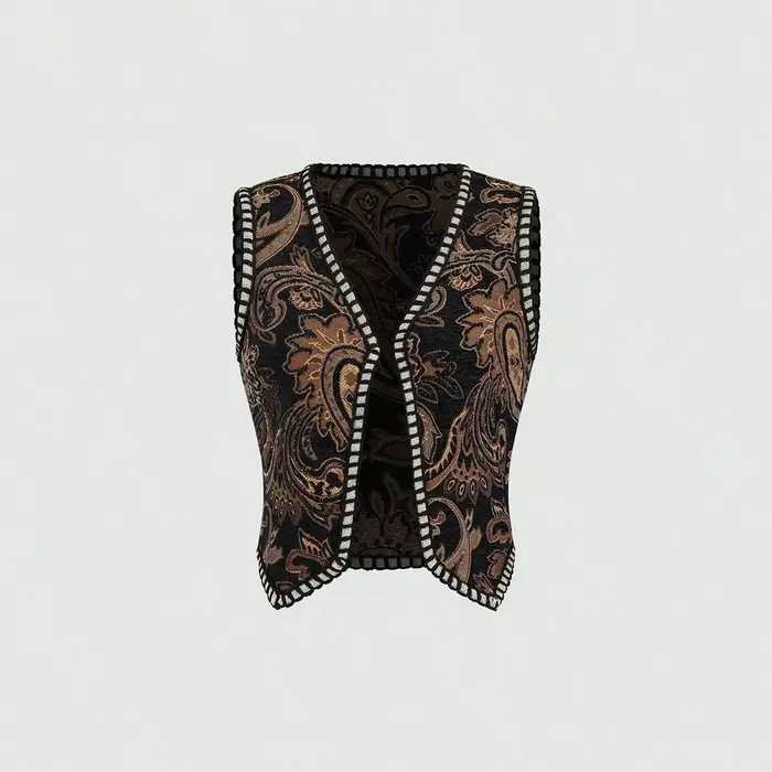 Gilet en tissu vintage à motif cachemire avec bordure dorée