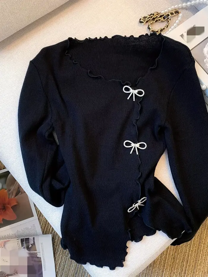 Pull à manches longues abebey garniture laitue unie nœud papillon style Y2K pour femmes décontracté automne printemps occassionnels à offrir