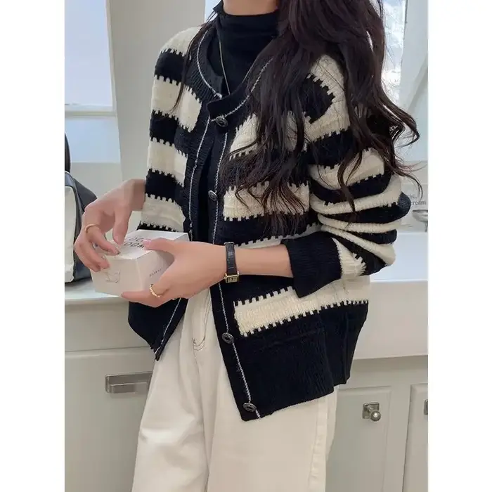 Cardigan à Col Rond pour Femme, Manteau Décontracté de Style Coréen, Pull Vintage, Tricot Tendance p