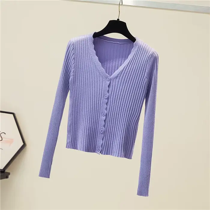 Cardigan côtelé à col rond pour femme, rose pastel et violet, manches longues, coupe ajustée, veste 