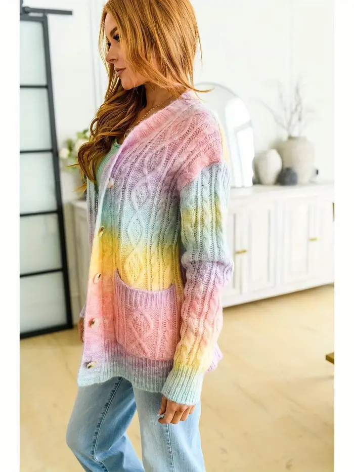 Cardigan en tricot torsadé tie-dye arc-en-ciel pour femmes, style décontracté, coupe ample, manches longues, col en V, boutonné, léger et confortable pour les saisons de transition