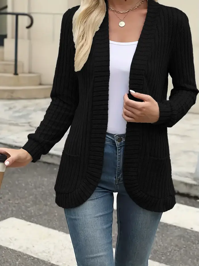 Cardigan en tricot côtelé pour femme, ouvert sur le devant, à manches longues, avec poches, décontra
