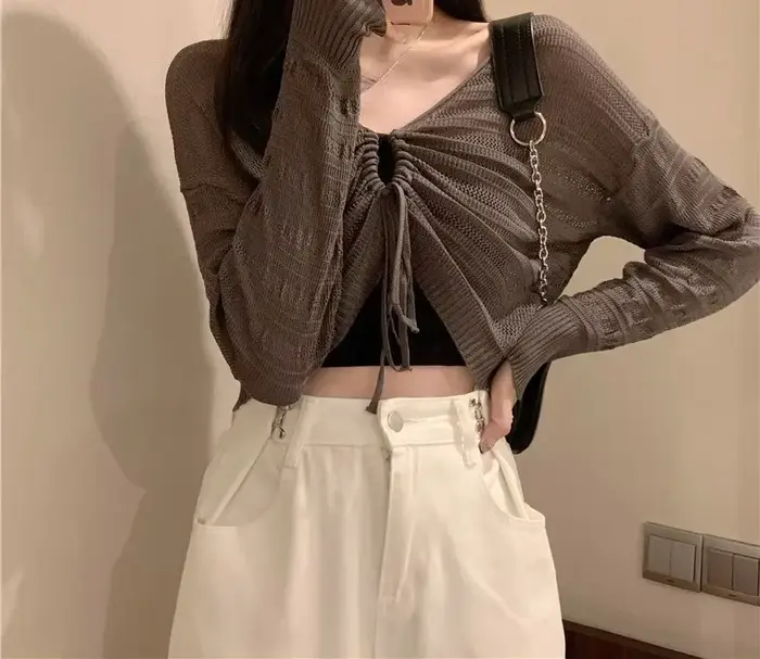 Cardigan rose réversible en tricot ajouré avec cordon de serrage pour femme