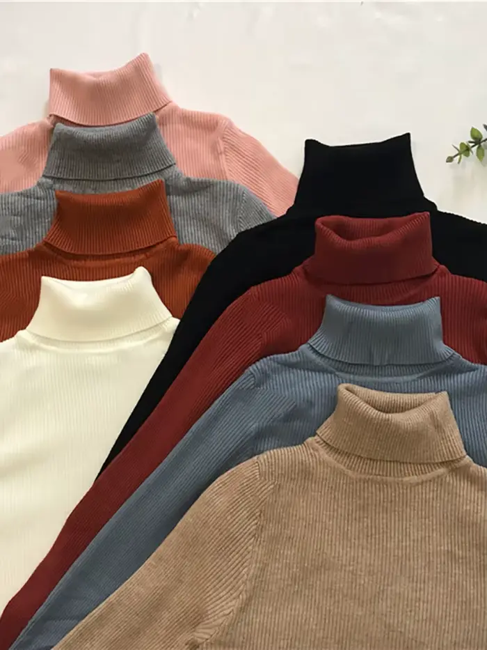 Pull Col Roulé Femme Automne Hiver 2026 – Haut Coréen Slim Tricoté