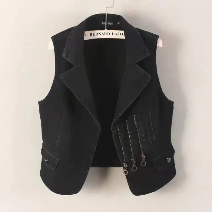 Gilet en denim noir pour femme, vêtements d'extérieur courts et minces, manteau sans manches, costum