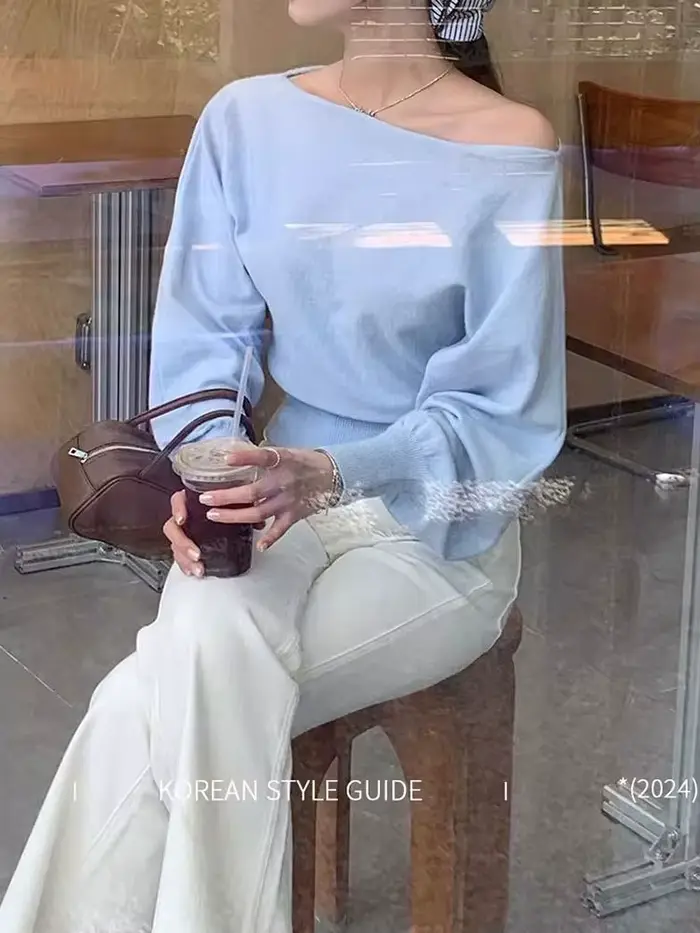 Col bateau à manches longues tricots femmes pull épaules nues manches bouffantes pull printemps automne vêtements d'extérieur dame haut décontracté style moderne acétate laine confortable pour femmes