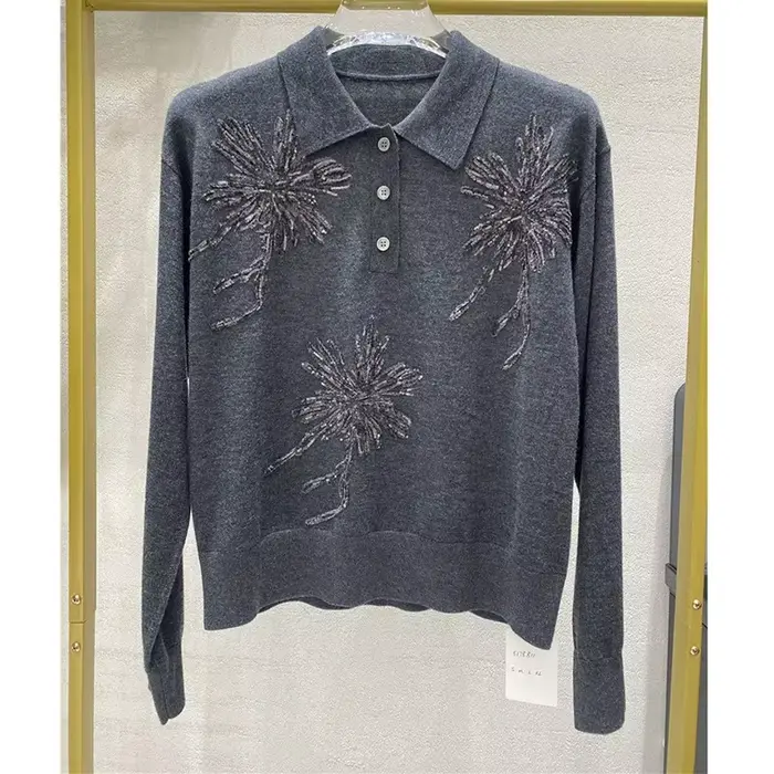 Nouveau Flocage broderie fleur paillettes doux 16 calibre laine tricot pull hauts pour les femmes