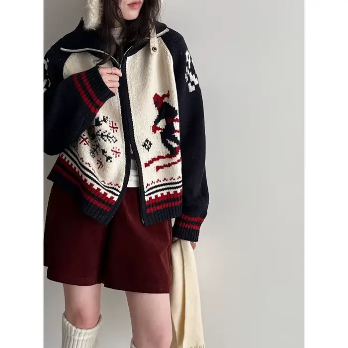 Pull rétro Jacquard à Double fermeture éclair pour femme