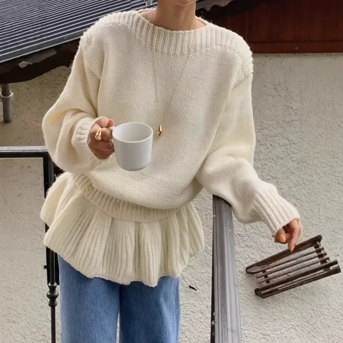 Pull en polyestère ample à ourlet à volants pour femme, automne et hiver, style décontracté, bleu ciel, gris clair, bleu marine, vert, col rond, tricoté, coupe ample, légèrement extensible, entretien facile