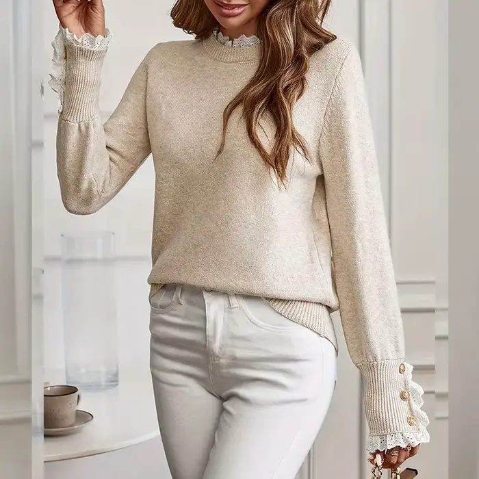 Pull en tricot pour femme avec dentelle, col rond, manches longues et boucle