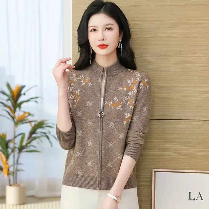 Cardigan pour femmes fermeture éclair court tricots femme vêtements nouveau imprimé Vintage dames pull veste mode mère tricot manteau