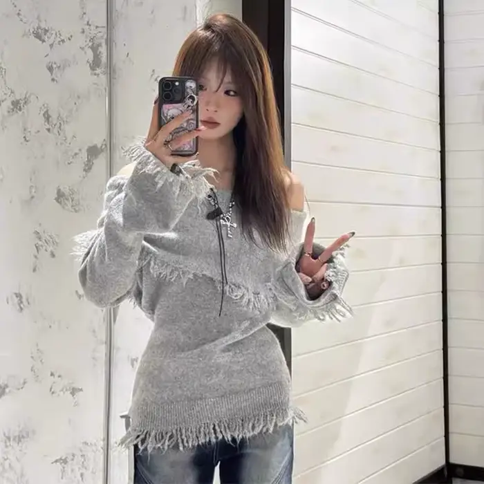 Pull à franges jaune élégant pour femmes, gris, épaules dénudées, asymétrique, mode coréenne, pulls 