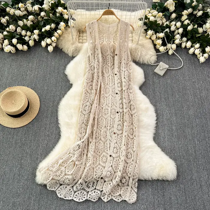 Cardigan de plage style bohème pour femmes, crochet amissié, simple boutonnage, manteau long, livrai