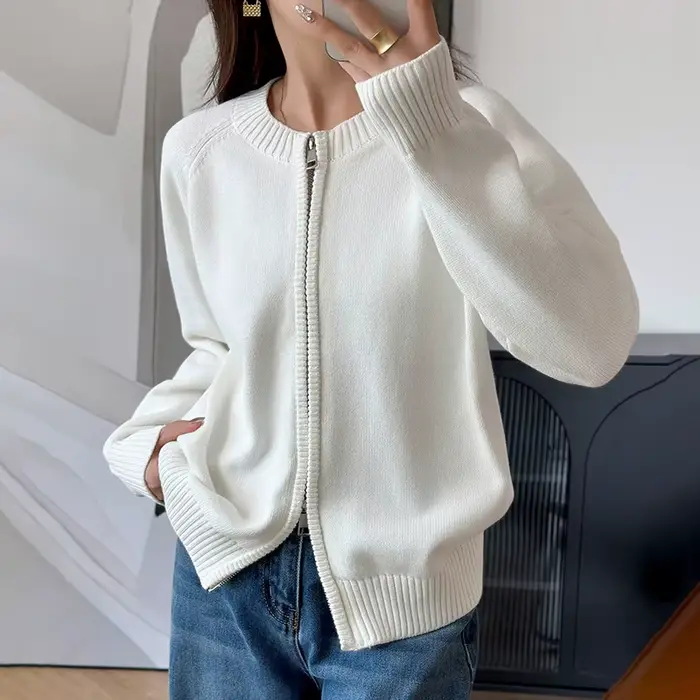 Double fermeture éclair pull Cardigan femmes à manches longues pur vêtements d'extérieur en coton automne hiver femme veste décontractée tricots B3032116