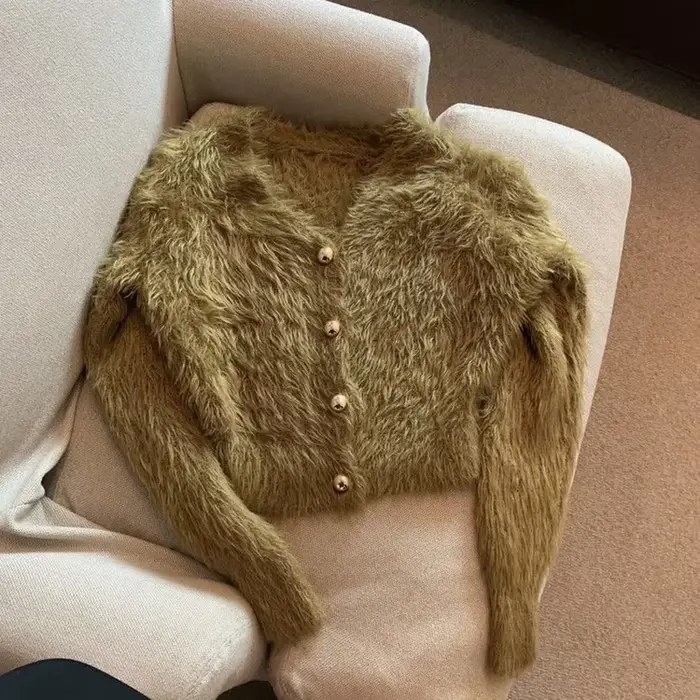 Cardigan court Mohair avec col en V pour femme, pull vintage, manteau streetwear coréen, noir, blanc