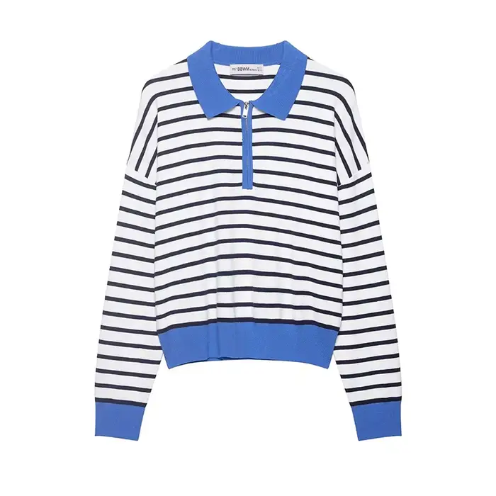 Pull tricoté rayé col polo élégant pour femme – Nouvelle collection Printemps 2026 – Chic et tendanc