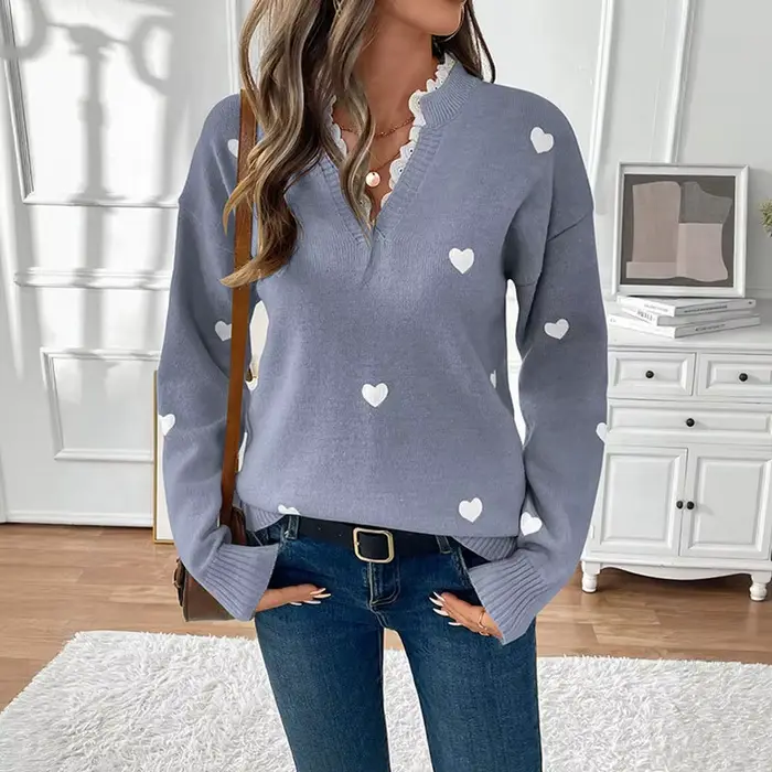 Pull en tricot à col en V avec dentelle épissée, nouvelle collection Automne/Hiver 2025