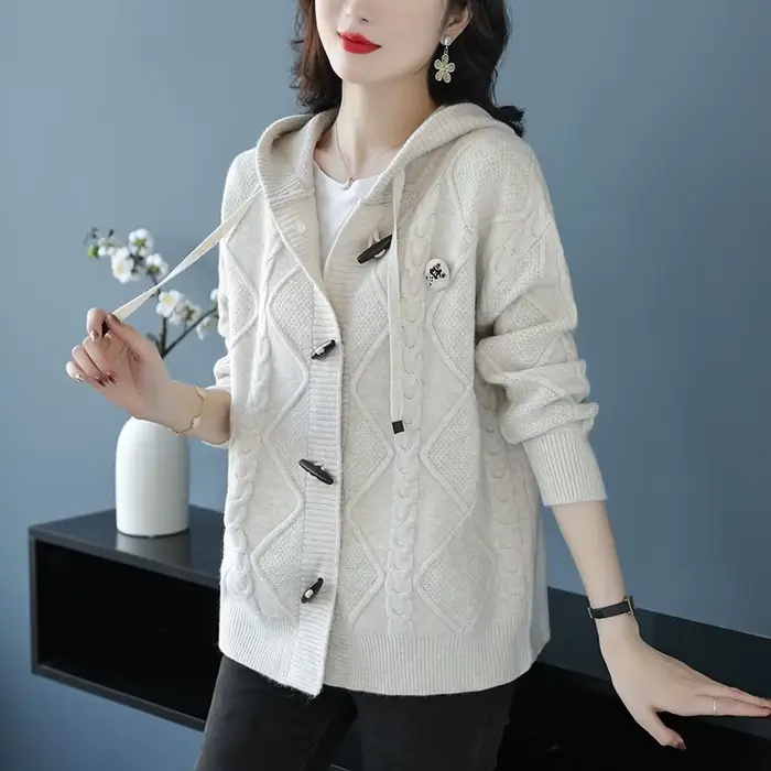 Cardigan Femmes Printemps Automne 2025 Nouveau Ample à Manches Longues Capuche Chic Décontracté Vestes Tricots