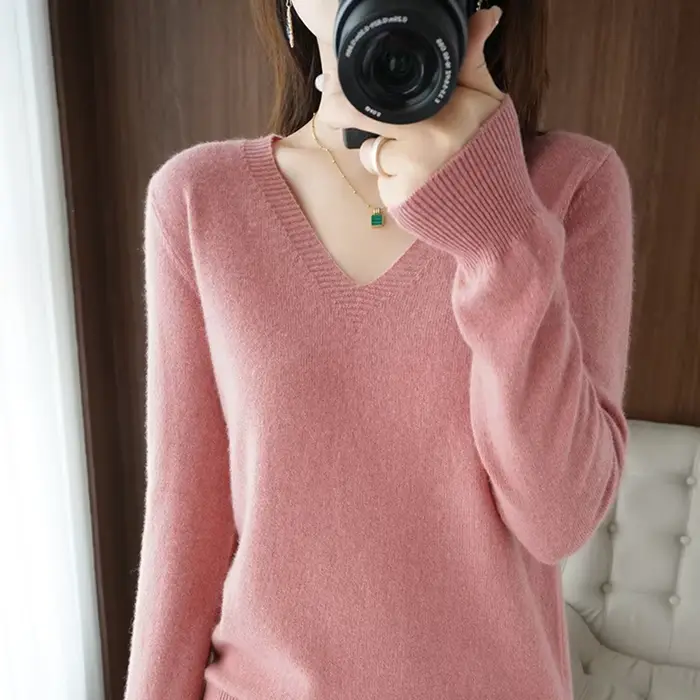 Pull en acrylique et cachemire à col en V pour femme avec dentelle, décontracté, manches longues, pour automne et hiver, occasionnels et spéciaux
