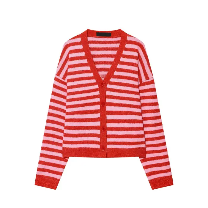 Cardigan à rayures rouges pour femme, col en V, simple boutonnage, manches longues, tricoté, ample, 