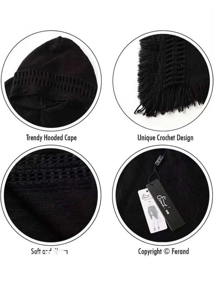 Cape à capuche pour femme avec ourlet à franges
