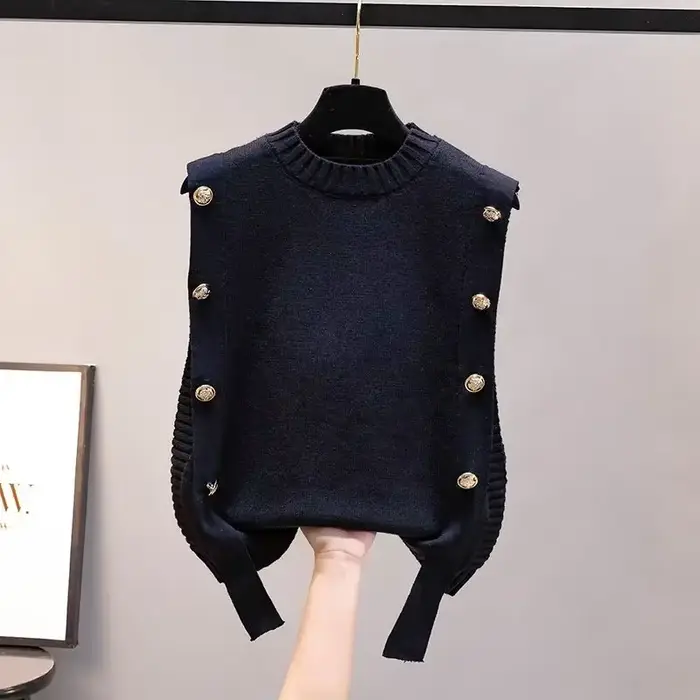 Pull en tricot noir à col rond pour femme, design Harajuku sans manches, coupe ample, style coréen, matériau coton-polyester-acétate, saison automne-hiver, confort et élégance pour toutes les occasions
