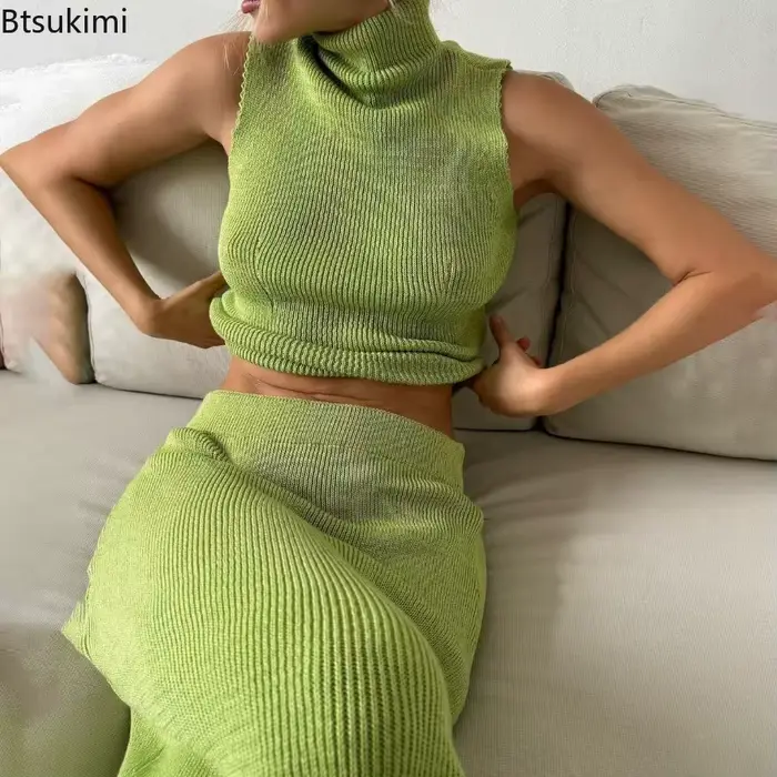 Ensemble haut tricoté sans manches et jupe longue pour femmes, élégant et confortable, idéal pour le bureau, les soirées et les occasions quotidiennes