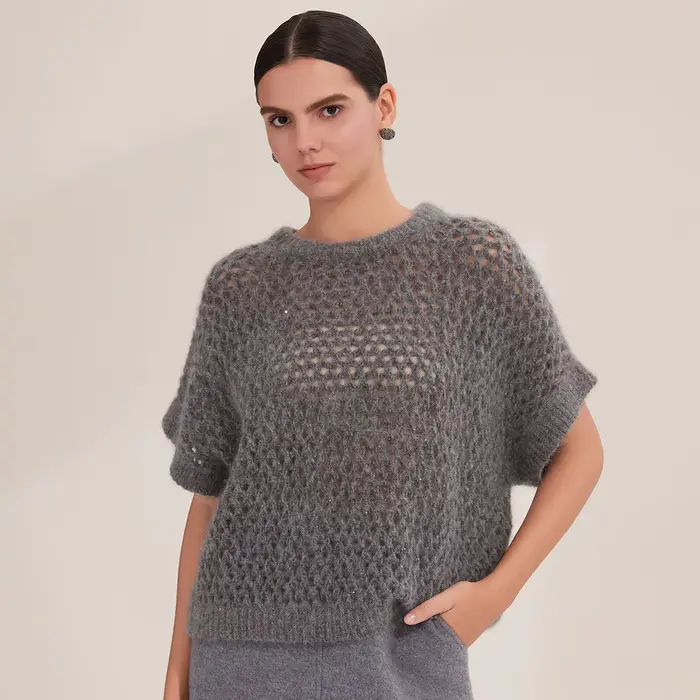 Pull en tricot mélangé de cachemire pour femme, col rond, coupe ample, style décontracté, automne hiver, manches courtes, confortable et élégant