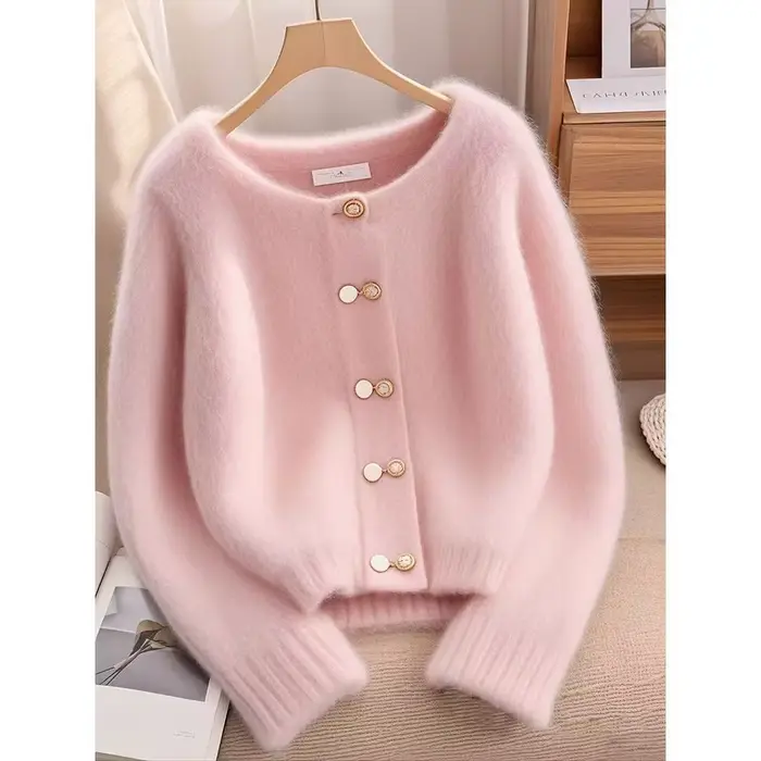 Nouveau automne hiver pull Cardigan femmes mode décontracté rose col rond ample épais chaud tricots 