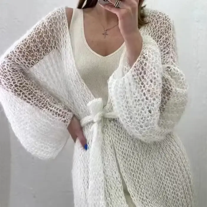 Cardigan long avec poche avant pour femme, manteau monochrome, point ouvert, mode automne et hiver