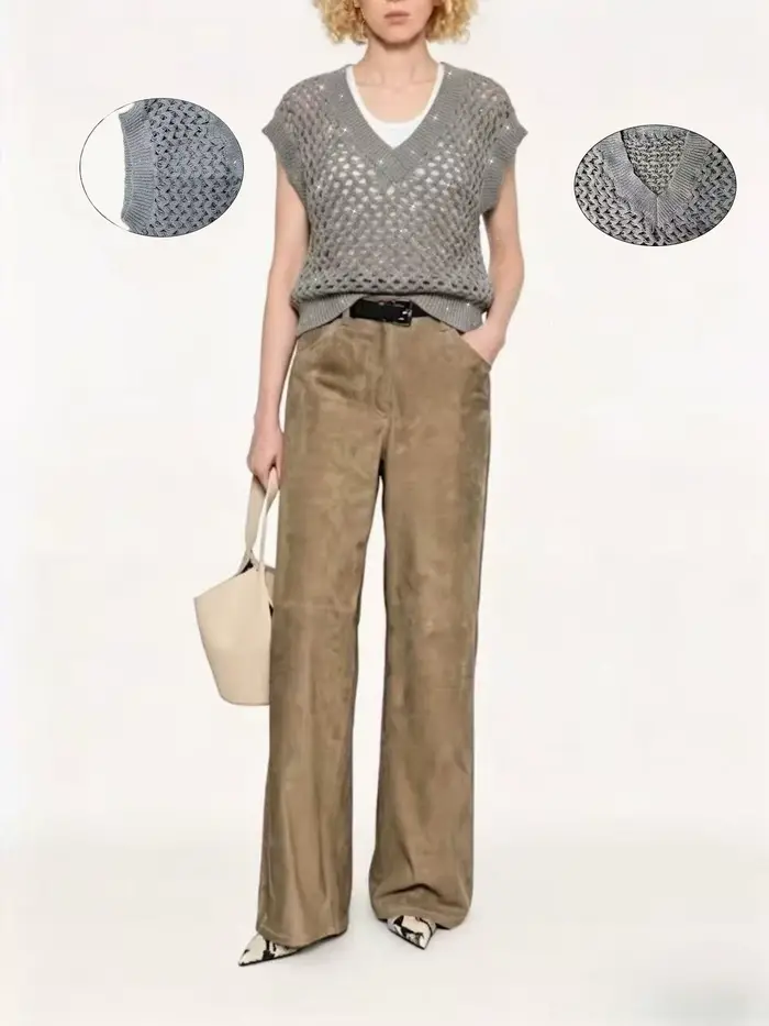 Gilet en tricot ajouré à col en V pour femme