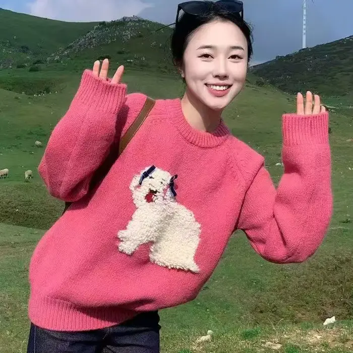 Pull à col rond en Jacquard floqué pour femme, haut ample et doux et gluant, automne et hiver