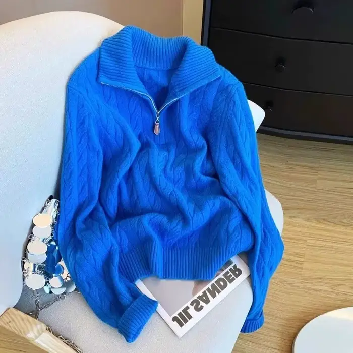 Pull tricoté bleu à col haut et demi-fermeture éclair pour femme, nouveau Design, haut ample et chau