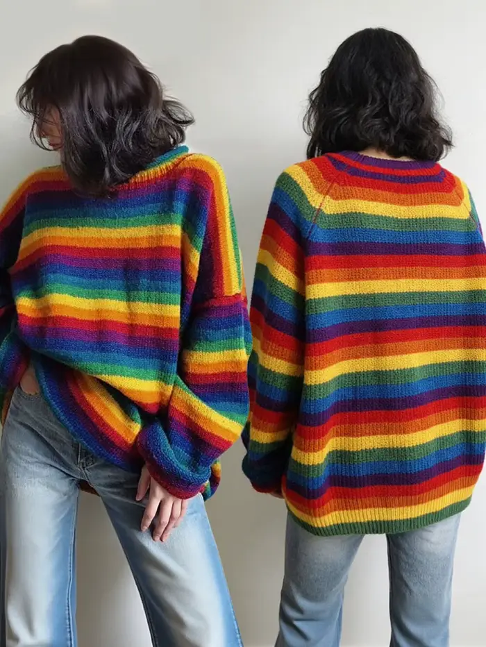 Nouveau Pull Femme 2026 Rayé Arc-en-ciel Vintage Ample Tricoté Manches Longues Décontracté
