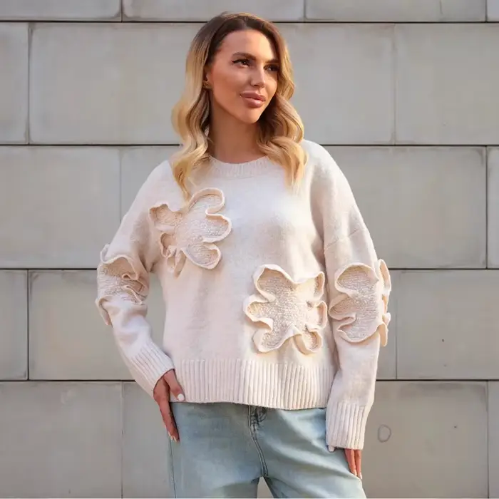 Mode pulls décontractés pour les femmes couleur unie col rond à manches longues tricoté pull en vrac
