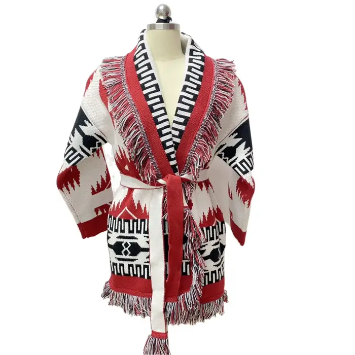 Cardigan en cachemire jacquard de haute qualité pour femmes |   Manteau long en cardigan ethnique bo