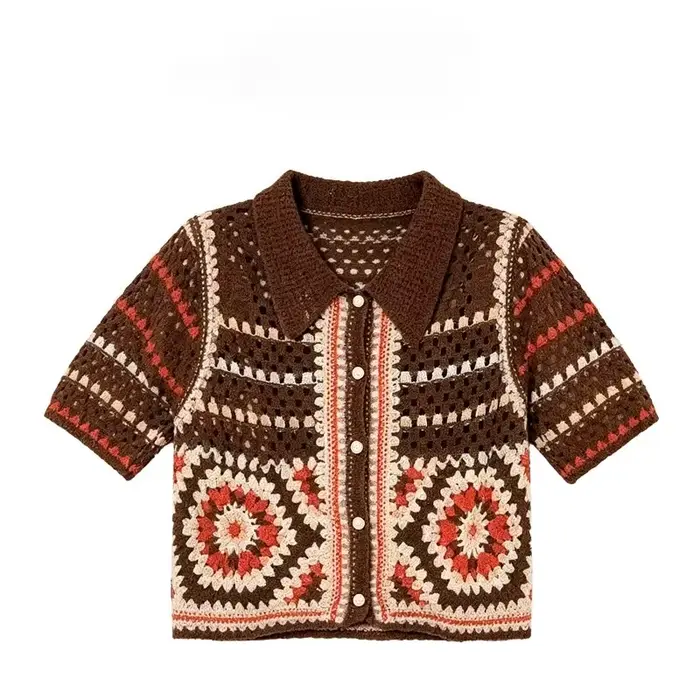 Cardigan en crochet pour femme, style bohème, motif carré Granny Square, boutonné, manches courtes, 
