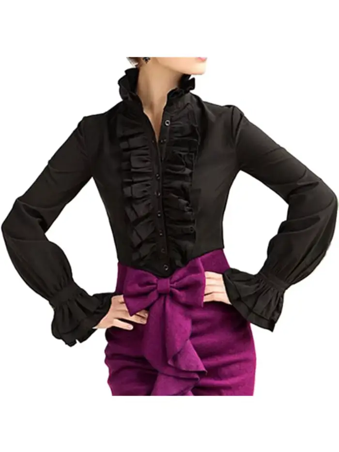 Mode victorienne femmes hauts volants à manches longues à volants couleur unie OL bureau chemise fro