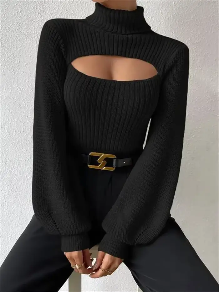 Pull en maille chic à col montant pour femme 2026 – Pull élégant à manches longues lanternes ajourée